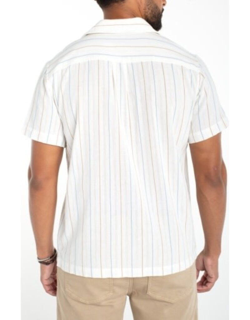 Liverpool Los Angeles Liverpool Short Sleeve Button Up Camp Shirt Ivory Aqua Stripe