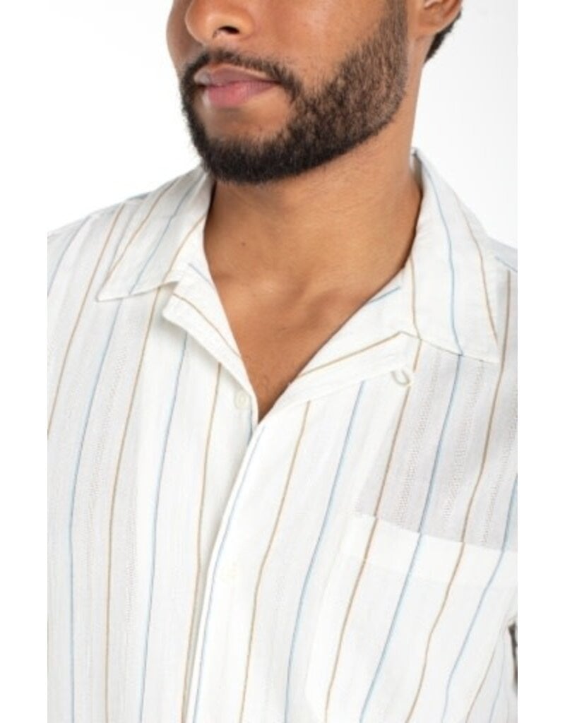 Liverpool Los Angeles Liverpool Short Sleeve Button Up Camp Shirt Ivory Aqua Stripe