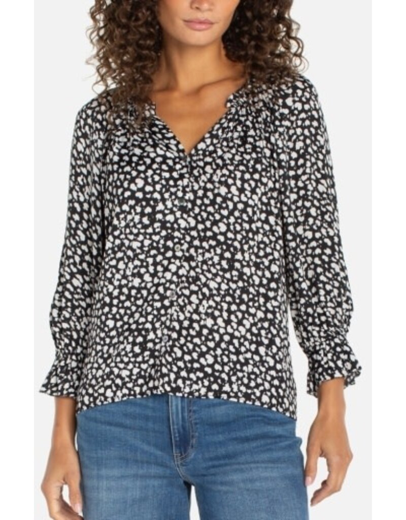 Liverpool Los Angeles Liverpool 3/4 Sleeve Button Front Woven Top with Ruffle Details