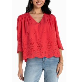 Liverpool Los Angeles Liverpool 3/4 Sleeve V-neck Eyelet Woven Top