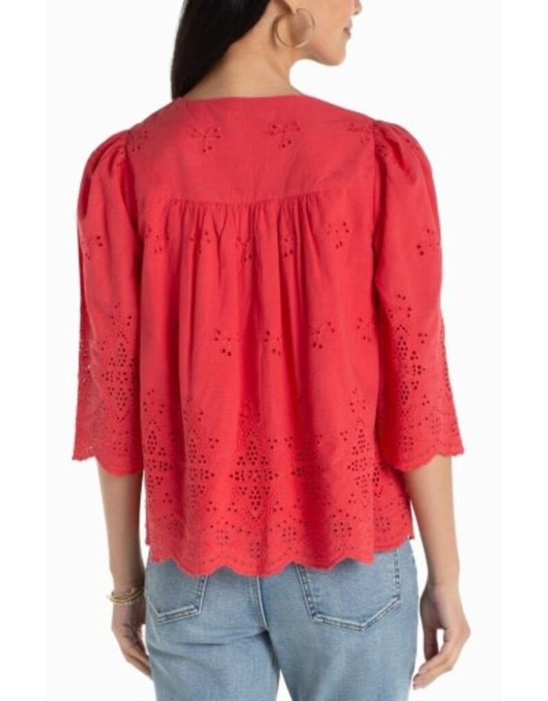 Liverpool Los Angeles Liverpool 3/4 Sleeve V-neck Eyelet Woven Top