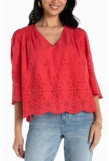 Liverpool Los Angeles Liverpool 3/4 Sleeve V-neck Eyelet Woven Top