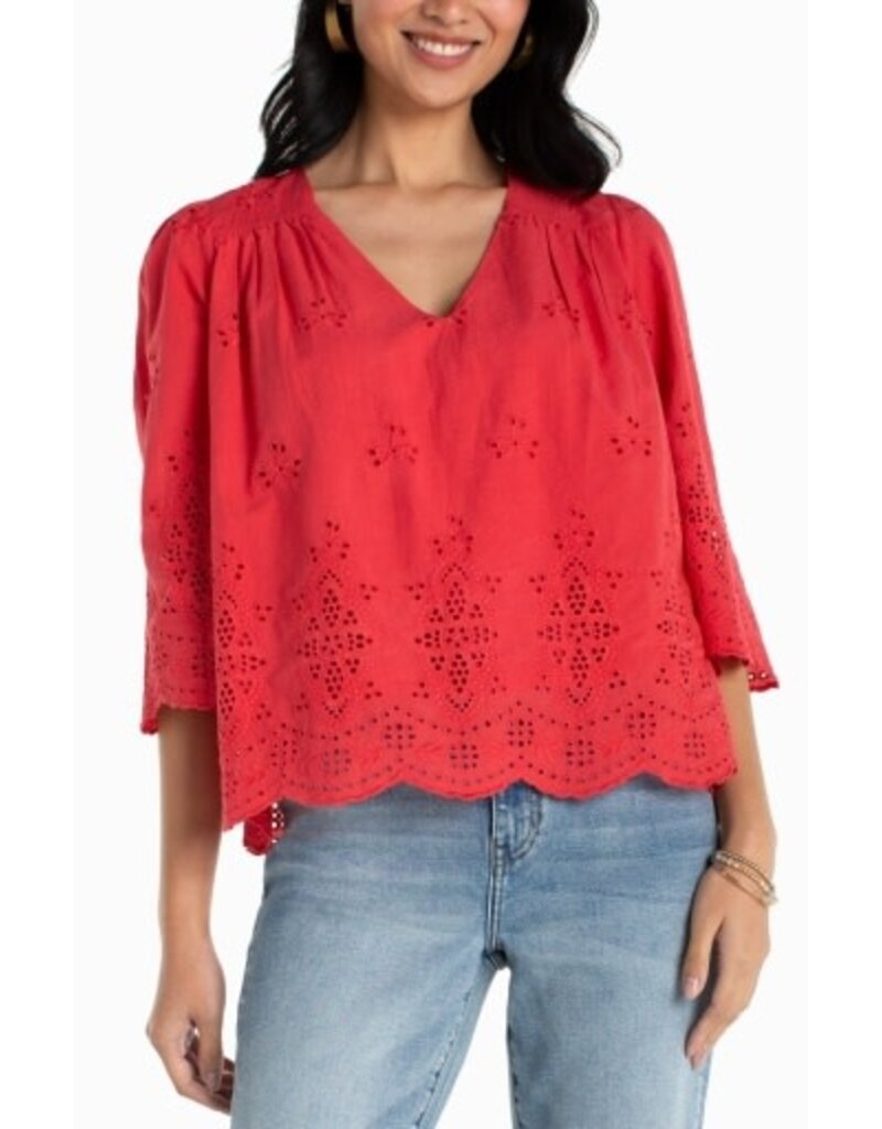 Liverpool Los Angeles Liverpool 3/4 Sleeve V-neck Eyelet Woven Top