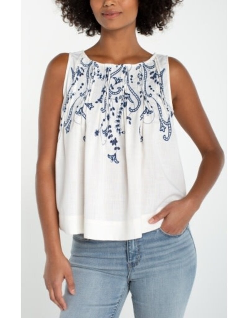 Liverpool Los Angeles Liverpool Sleeveless Boat Neck Woven Top with Pintucks