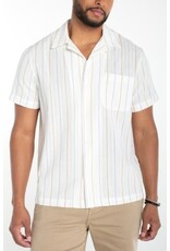 Liverpool Los Angeles Liverpool Short Sleeve Button Up Camp Shirt Ivory Aqua Stripe