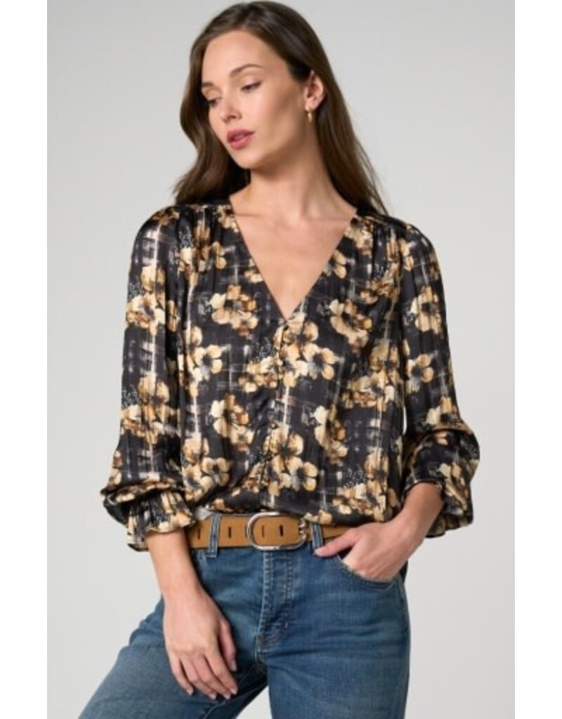 Liverpool Los Angeles Liverpool Long Sleeve Button Front Woven Top with Smocking