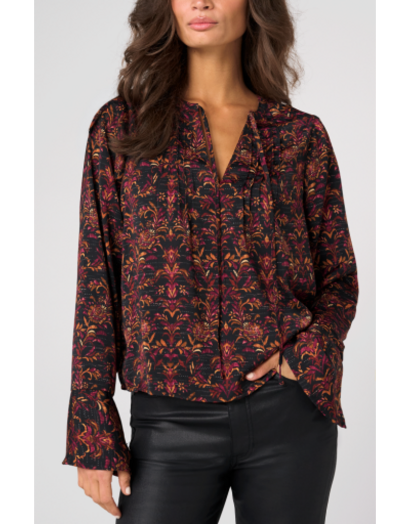 Liverpool Los Angeles Liverpool Long Sleeve Band Collar Woven Top with Pintuck Detail