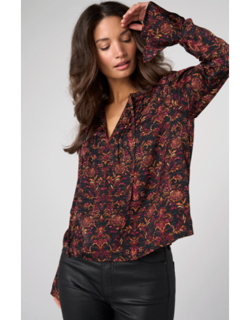 Liverpool Los Angeles Liverpool Long Sleeve Band Collar Woven Top with Pintuck Detail