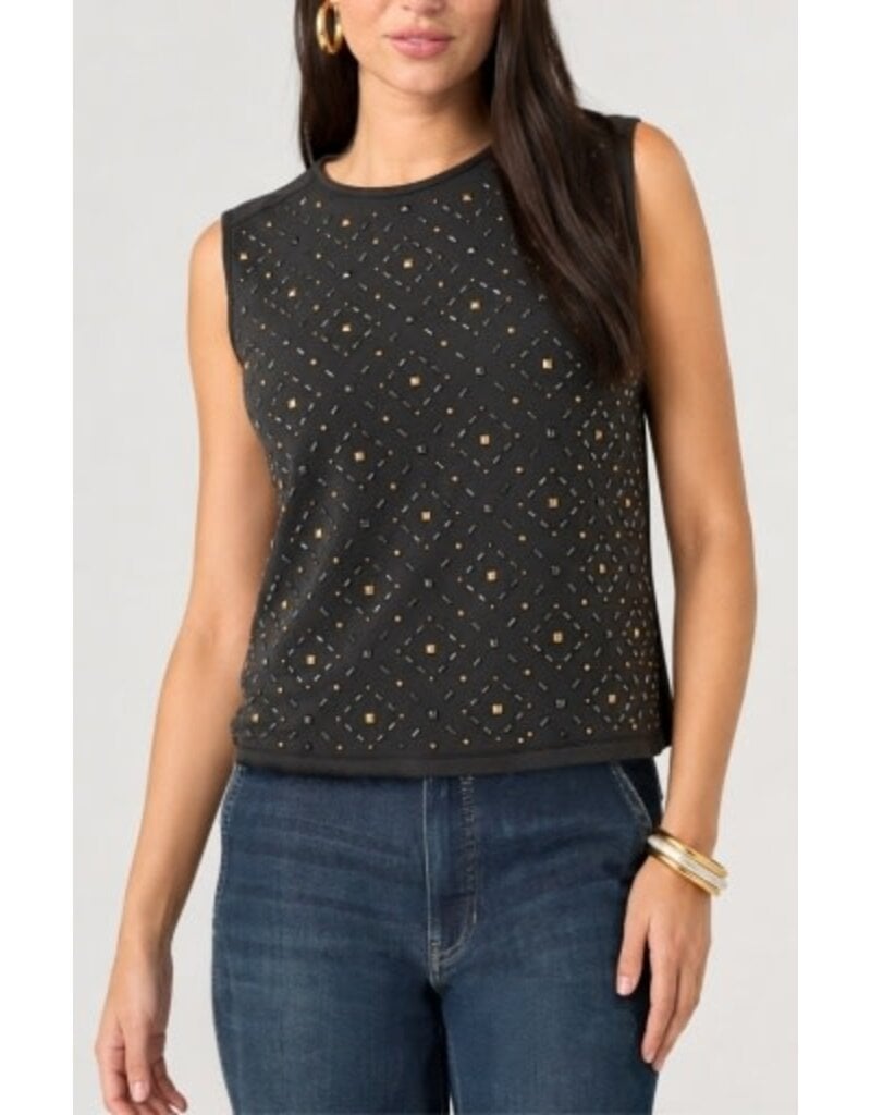 Liverpool Los Angeles Liverpool Sleeveless Embellished Knit to Woven Tee