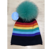 Lindo F Kimberly Hat - Black Rainbow w/ XL Blue Fox Fur Pom - Kelly Green