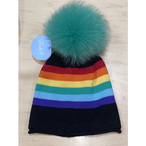 Lindo F Kimberly Hat - Black Rainbow w/ XL Blue Fox Fur Pom - Kelly Green Lindo F Kimberly Hat - Black Rainbow w/ XL Blue Fox Fur Pom - Kelly Green