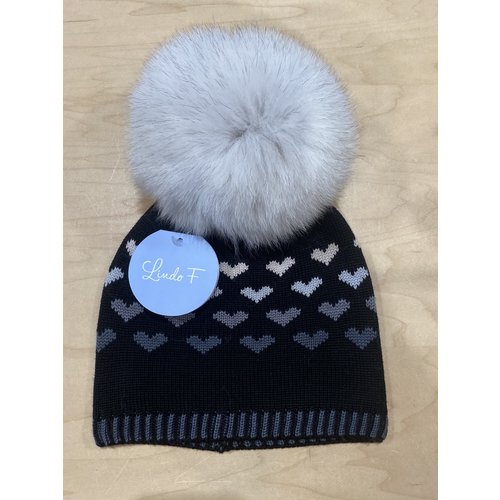 Lindo F Hailey Hat - Black w/ XL Blue Fox Fur Pom - Natural Lindo F Hailey Hat - Black w/ XL Blue Fox Fur Pom - Natural