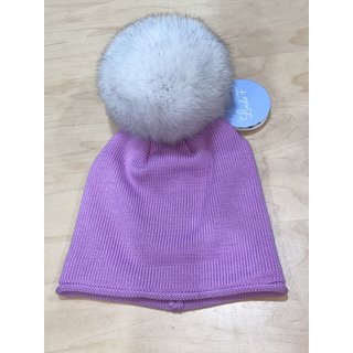 Lindo F Glossy Hat - Ultra Lilac w/ XL Blue Fox Fur Pom - Natural