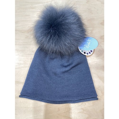 Lindo F Glossy Hat - Pewter w/ XL Blue Fox Fur Pom - Pewter