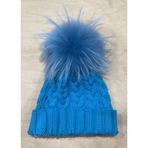 Lindo F Charlie Cable Hat - Blue Raspberry w/ XL Raccoon Pom - Blue Raspberry Lindo F Charlie Cable Hat - Blue Raspberry w/ XL Raccoon Pom - Blue Raspberry