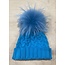 Lindo F Charlie Cable Hat - Blue Raspberry w/ XL Raccoon Pom - Blue Raspberry
