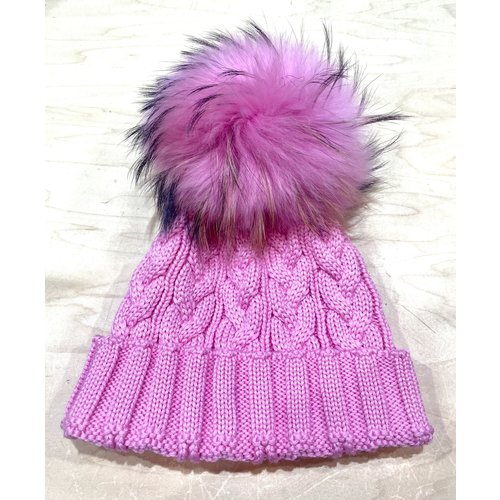 Lindo F Charlie Cable Hat - Bubblegum w/ XL Raccoon Pom - Bubblegum Lindo F Charlie Cable Hat - Bubblegum w/ XL Raccoon Pom - Bubblegum