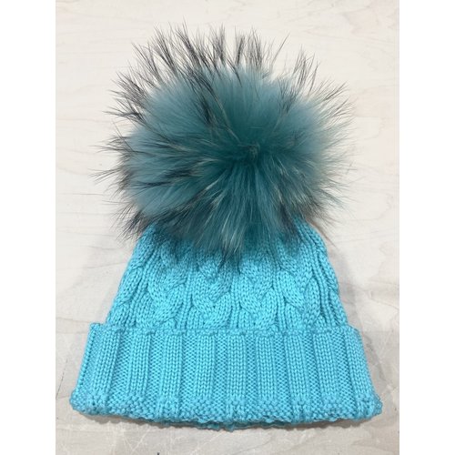 Lindo F Charlie Cable Hat - Tiffany w/ XL Raccoon Pom - Tiffany Lindo F Charlie Cable Hat - Tiffany w/ XL Raccoon Pom - Tiffany