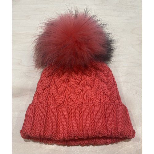 Lindo F Charlie Cable Hat - Watermelon w/ XL Raccoon Pom - Watermelon Lindo F Charlie Cable Hat - Watermelon w/ XL Raccoon Pom - Watermelon