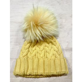 Lindo F Charlie Cable Hat - Buttercup w/ XL Raccoon Pom - Buttercup