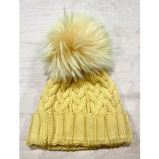 Lindo F Charlie Cable Hat - Buttercup w/ XL Raccoon Pom - Buttercup