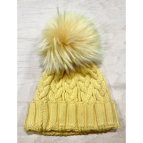 Lindo F Charlie Cable Hat - Buttercup w/ XL Raccoon Pom - Buttercup Lindo F Charlie Cable Hat - Buttercup w/ XL Raccoon Pom - Buttercup