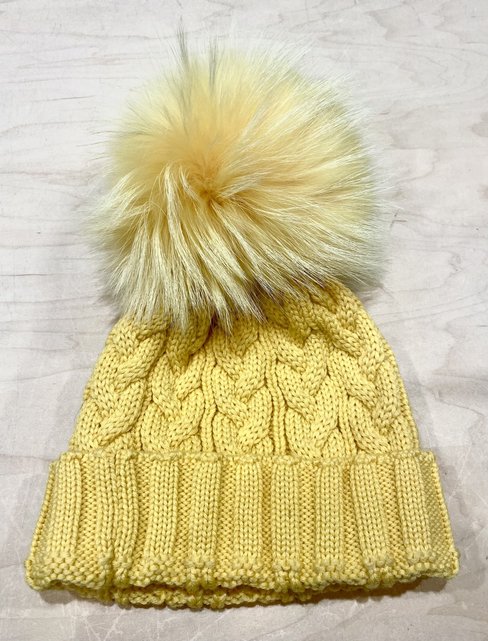 Lindo F Charlie Cable Hat - Buttercup w/ XL Raccoon Pom - Buttercup