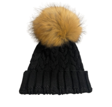Lindo F Charlie Cable Hat - Black w/ XL Raccoon Pom - Natural