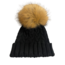 Lindo F Charlie Cable Hat - Black w/ XL Raccoon Pom - Natural