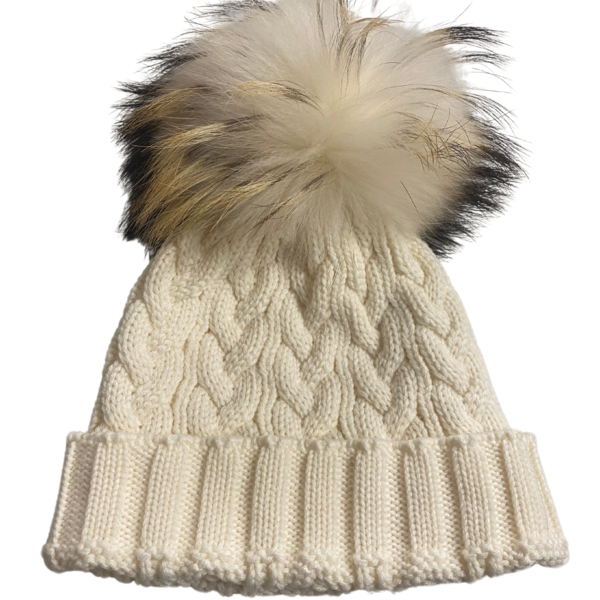 Lindo F Charlie Cable Hat Ivory w/ XL Raccoon Pom Ivory