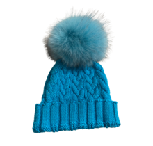 Lindo F Charlie Cable Hat - Blue Raspberry w/ XL Fox Fur Pom - Blue Raspberry