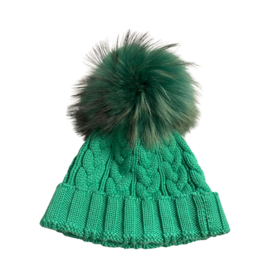 Lindo F Charlie Cable Hat - Kelly Green w/ XL Raccoon Pom - Kelly Green