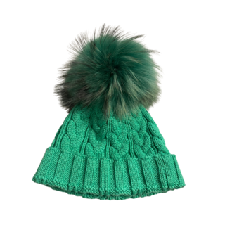Lindo F Charlie Cable Hat - Kelly Green w/ XL Raccoon Pom - Kelly Green