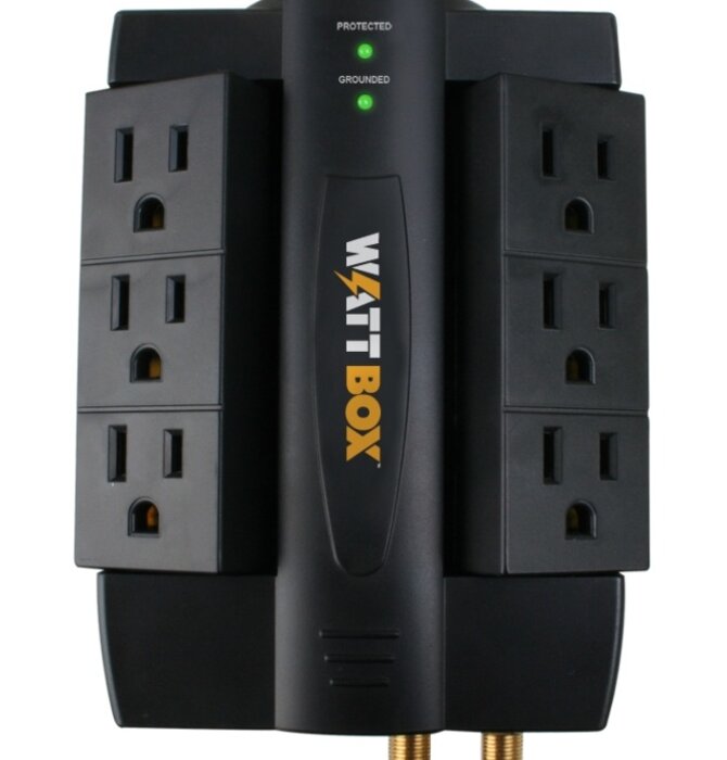 Surge Protected Wall Tap with Coax Protection and 6 Rotating Outlets, WB-200-6RWT