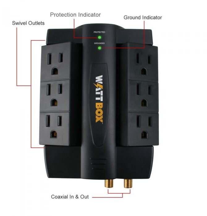 Surge Protected Wall Tap with Coax Protection and 6 Rotating Outlets, WB-200-6RWT