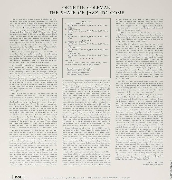 Ornette Coleman "The Shape of Jazz To Come" DOL The Blue Collection 180 Gram Vinyl