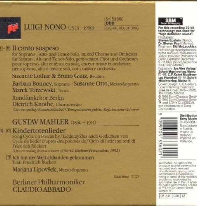 Berliner Philharmoniker conducted by Claudio Abbado - Gustav Mahler "Kindertotenlieder" & Luigi Nono "Il Canto Sospeso" Live CD Recording