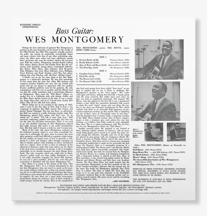 Wes Montgomery - Boss Guitar , Original Jazz Classics on 180 Gram Vinyl