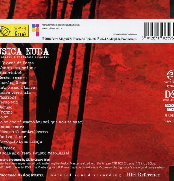 Petra Magoni & Ferraccio Spinetti - Musica Nuda Verso Sud, Natural Color 180 Gram Transparent Vinyl , Natural Sound Recording From Tube Processed Analog Master , Limited to 496 Copies