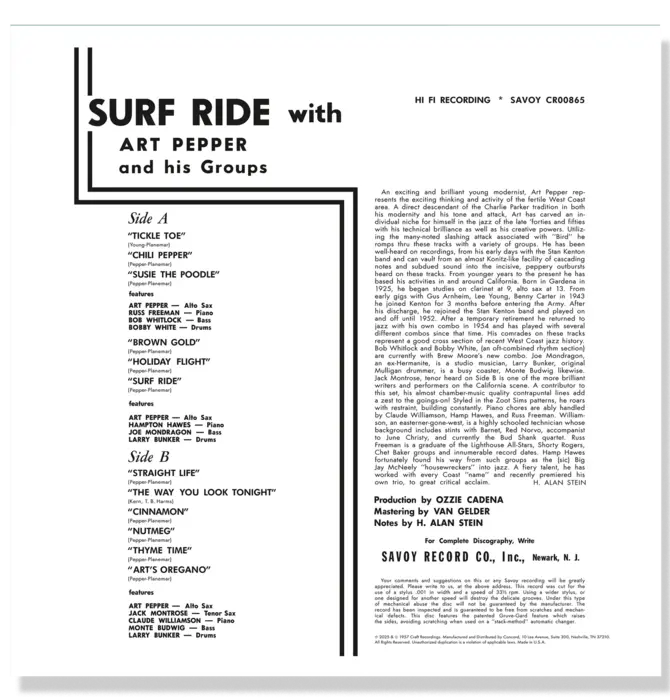 Art Pepper - Surf Ride, Original Jazz Classics on 180 Gram Audiophile Grade Vinyl , German Import
