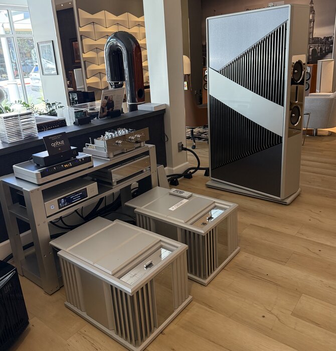 Burmester BC 350 Signature Loudspeaker Pair  in Brushed Titanium Wrap  , USED ! CALL FOR INFO !