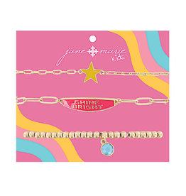 Jane marie Set of 3, Yellow Enamel Star, Rounded Rhombus Bar with "SHINE BRIGHT" in Hot Pink Enamel, Gold Ball Stretch with Light Blue Stone Bracelet
