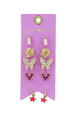 Jane marie Pink Baguette, Gold Rose, Crystal Butterfly, Hot Pink Crystal Heart, Gold Huggie with Hot Pink Star Earrings