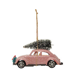 Car Ornament w/ Bottle Brush Tree & Glitter, Pink