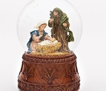 "Holy Family" 6.75"H Water Globe on Faux Bois Carved Base 35587