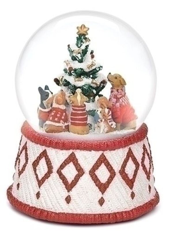 6" Musical Snow Globe Dogs Around the Christmas Tree