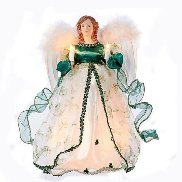 Irish Green Angel with 10 bulbs lights Holding Candles Light Up Christmas Tree Topper 12'H