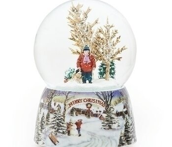 ''Merry Xmas Snowy Woodland Scene'' Boy with Dog Musical 5.5''H Snow Globe 32130
