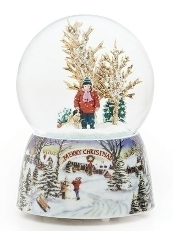 ''Merry Xmas Snowy Woodland Scene'' Boy with Dog Musical 5.5''H Snow Globe 32130