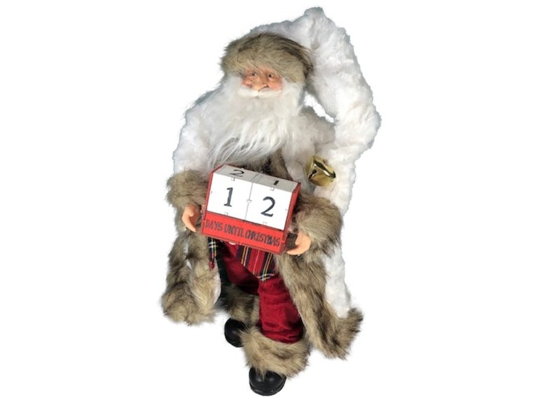 Père Noël Calendrier de l'avent avec Blocs de chiffres Vêtu d'un Manteau Blanc a Fourrure 18''H